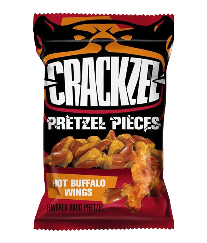 Crackzel Buffalo – sprød snack med intens smag af buffalo sauce, perfekt som spicy tilbehør til øl, drinks eller tapas.