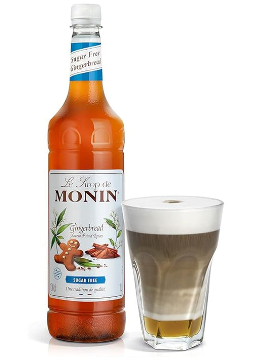 MONIN Gingerbread Sugar-Free Syrup 1 liter flaske, perfekt til at tilføje en sukkerfri krydret smag af ingefærkage til kaffe, cocktails eller desserter