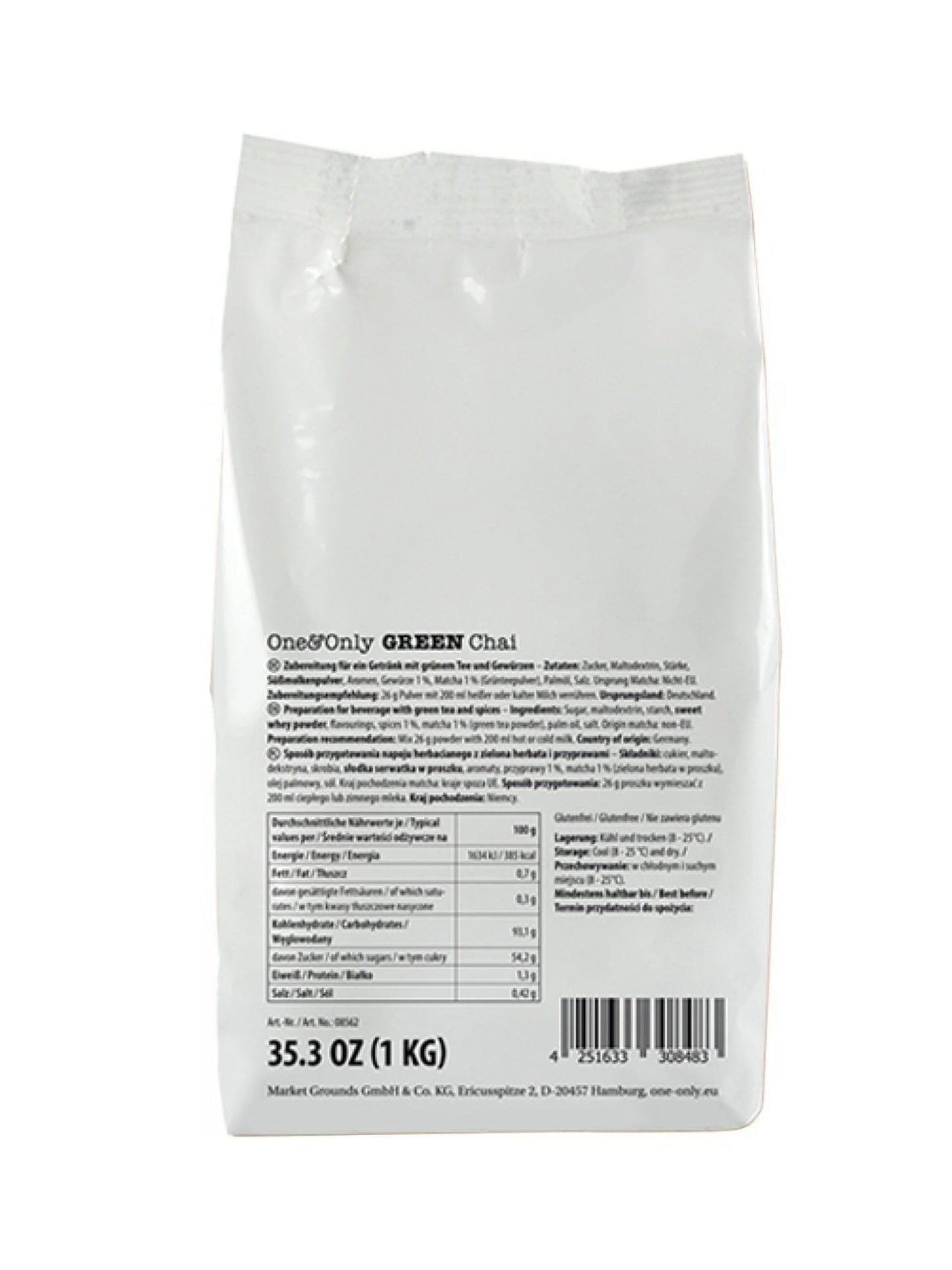 Burk med One & Only Green Chai – grön matcha chai-blandning med indiska kryddor som kanel, kardemumma, fänkål och anis.