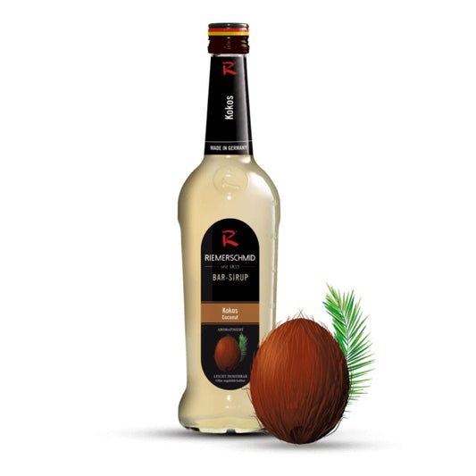 Riemerschmid Kokos Sirup – tropisk kokossirup i klassisk flaske, perfekt til cocktails, desserter og eksotiske drikke.
