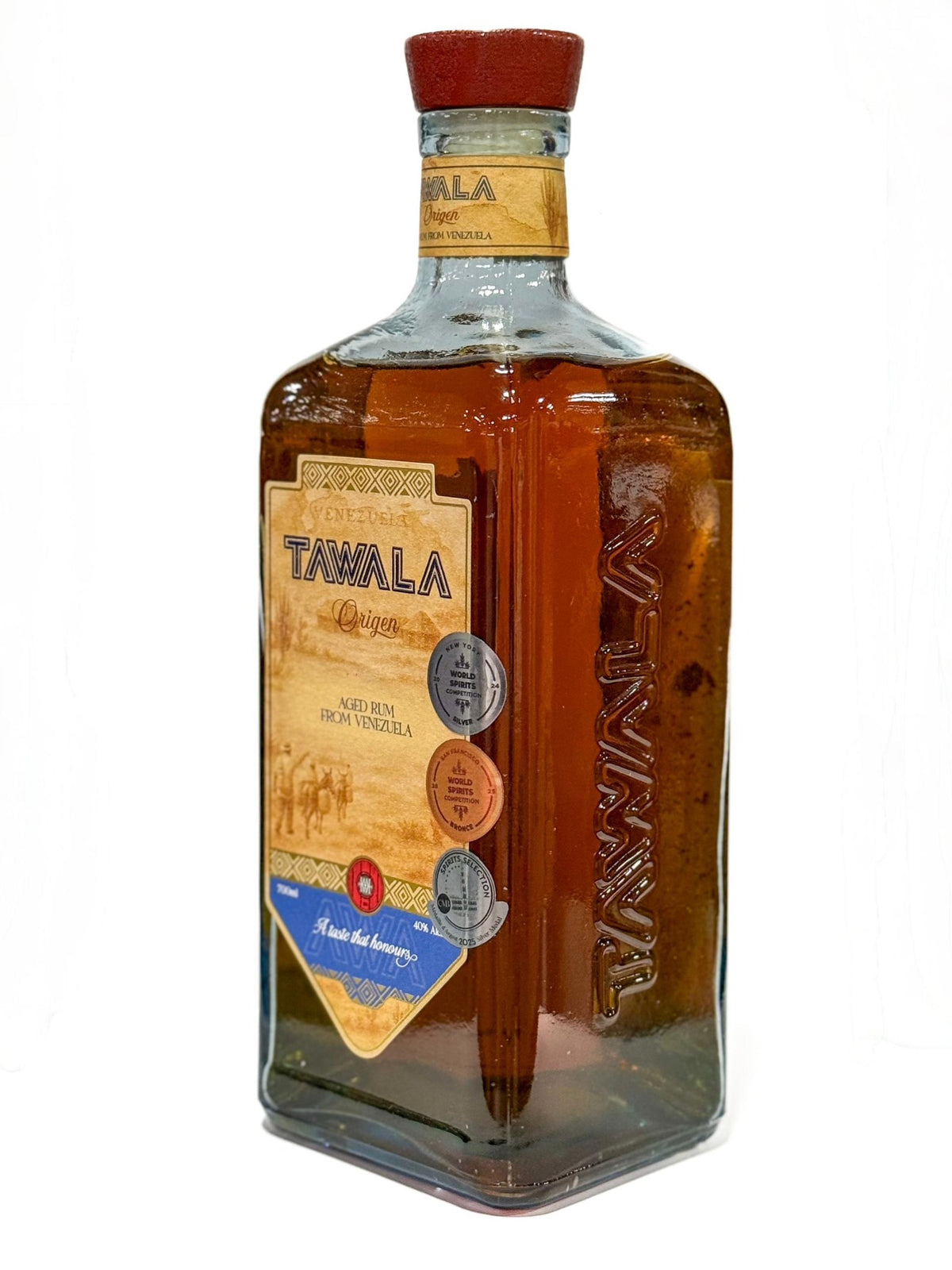 Tawala Origen gereifter Rum aus Venezuela, Flasche in Seitenansicht