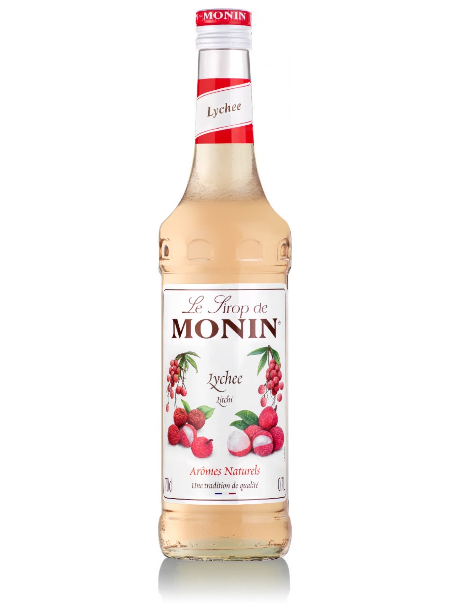 Flaske Monin Lychee sirup, perfekt til at tilføje en eksotisk og delikat smag til dine drikkevarer.